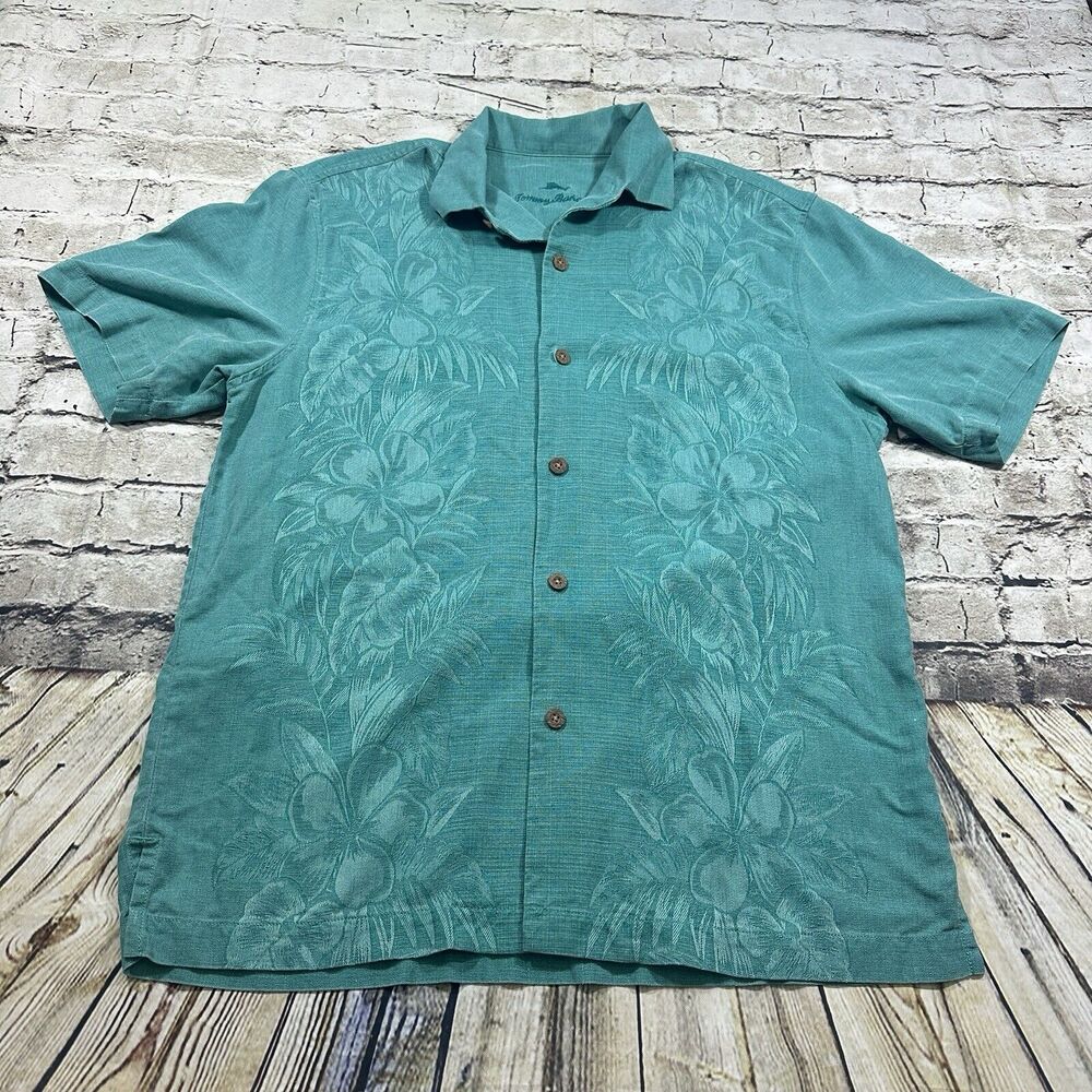 Tommy Bahama Shirt Mens Medium Green Floral Hawaiian Button Up Casual Beach